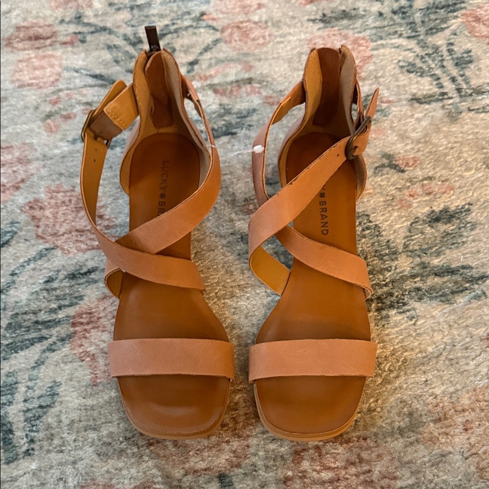Lucky Brand Tan Leather Crisscross Ankle Strap Sandals